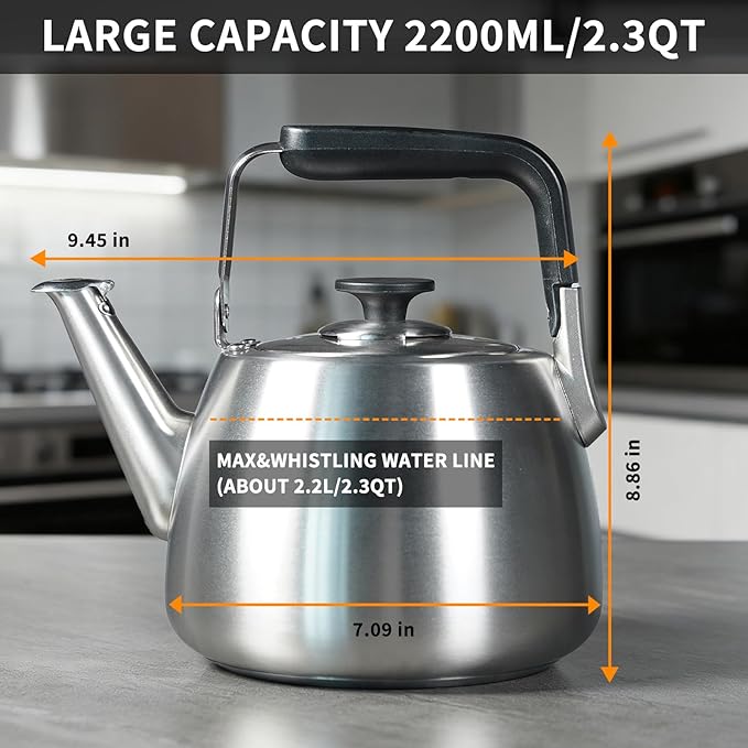 Tea Kettle, Whistling Stovetop Tea Kettle, Large Capacity Teapot Suits for All Heat Source, Professional Fast Heat Technique Teapot with Thick Body and Bottom, Durable and Sturdy Tea Pot