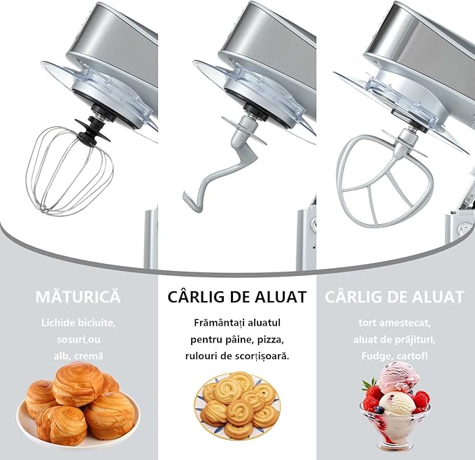 Multifunctional Stand Mixer 6.3Qt 6-Speed Tilt-head, Electric Kitchen Mixer with Stainless Steel Bowl,Meat Grinder, Juice Blender (Silver)