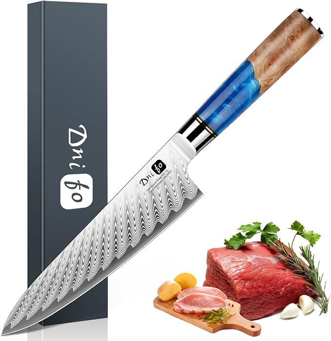 Chef Knife 8 Inch, Damascus VG-10 Steel Sharp Japanese Kitchen Knife with Gift Box and Resin Wood Handle, Ideal Birthday Gift for Men and Women