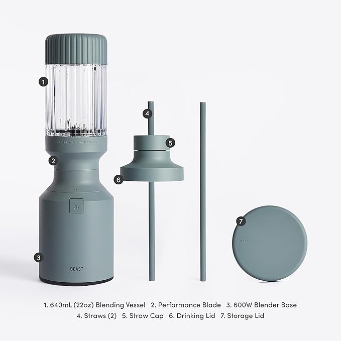 The Beast Mini Blender | Mini Countertop Kitchen Blender | Blend Smoothies and Shakes, Dressings, Sauces, Dips | Straw Cap and Straws Included | 600W (Mist)
