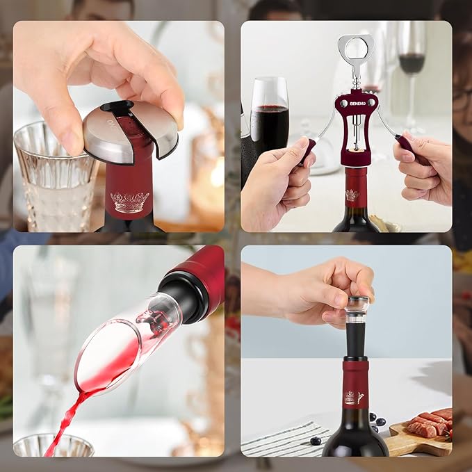 Beneno Multifunctional Wine Bottle Opener Gift Set - Wing Corkscrew, Foil Cutter, Vacuum Stopper & Aerator Pourer, Perfect for Wine Lovers Man Woman, Purple Set