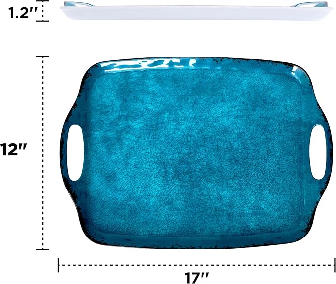 TP Serving Trays with Handles, 17 x 12 Inch Melamine Serving Platters for Food, Meat, Set of 2 Rectangular Trays for Eating, Retro Teal