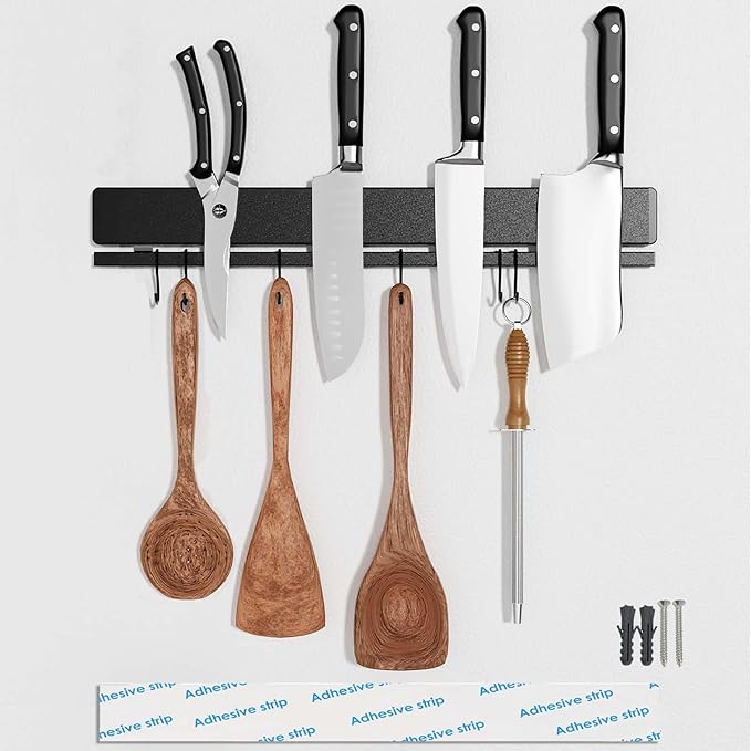 12 Inch Magnetic Knife Holder for Wall, Adhesive Knife Magnetic Strip No Drilling with 6 Hooks, Powerful Magnetic Knife Strip, Magnetic tool Holder for Kitchen Knives & Utensils (Black)