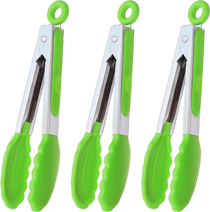 Mini Tongs with Silicone Tips 7 Inches Silicone Cooking Tongs, Set of 3 (Green)