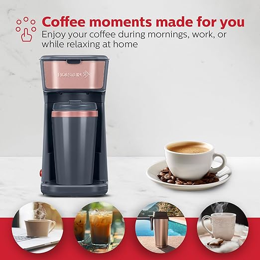 Holstein Housewares Personal Coffee Maker with 14oz Travel Mug – Compact One-Touch Brew Machine with Reusable Filter, Auto Shut-Off, Non-Stick Plate, Ideal for Home, Office, or Dorm. Rose Gold & Grey