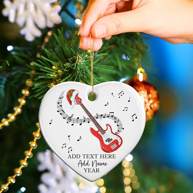 Custom Bass Guitar Christmas Ceramic Ornament, Personalized Guitarist Xmas Ornament with Text Name & Year, Bass Guitar Lovers Christmas Tree Ornaments 2025, Musical Instrument Players Gifts