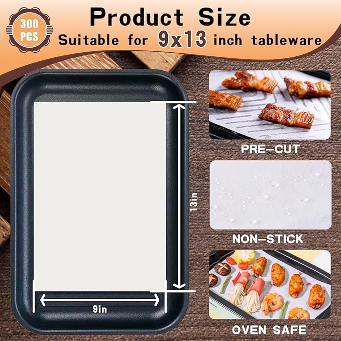 Parchment Sheet 300Pcs,Parchment Paper Sheets 9x13In Non-Stick Baking Paper,Precut Parchment Paper for Baking, Cooking, Grilling, Frying and Steaming, Fit for Quarter Sheet Pans
