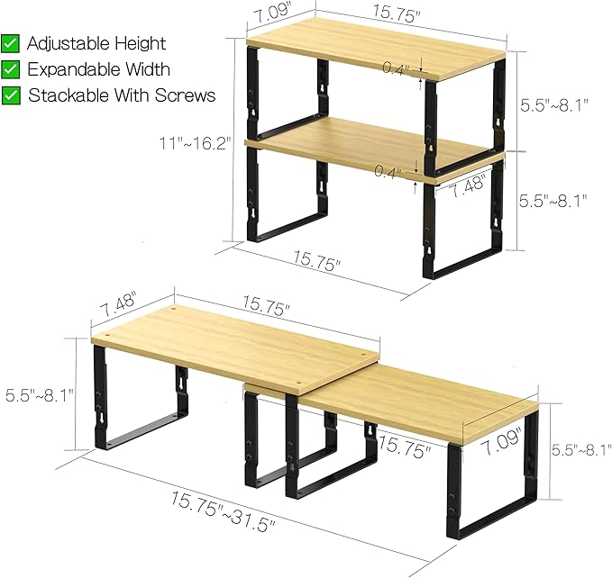 Adjustable Storage Shelves for Kitchen Cabinet Organization - Set of 2 Stackable Metal & Solid Wood Racks, Space-Saving Design for Countertop/Pantry/Garage, Easy Assembly(2 Packs/Large/Black)