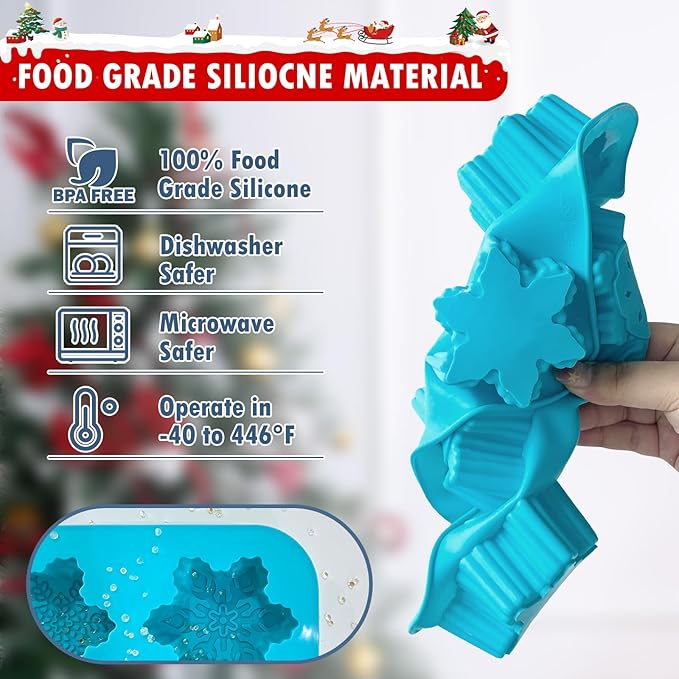 HKNMTT Snowflake Christmas Silicone Mold 12 Cavity 6 Shapes for Holiday Soap Chocolate Cocoa Bomb Ice Candy Oreo Covered Jello Xmas Winter Wax, Oven Safe Baking Frozen Moulds DIY Candle Craft Set