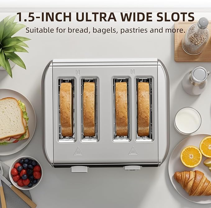 4 Slice Toaster, 6 Browning Settings, Removable Crumb Tray, Stainless Steel Bread Toaster for Bagels, Muffins, Waffles, Defrost, Cancel Button, 120V 1800W
