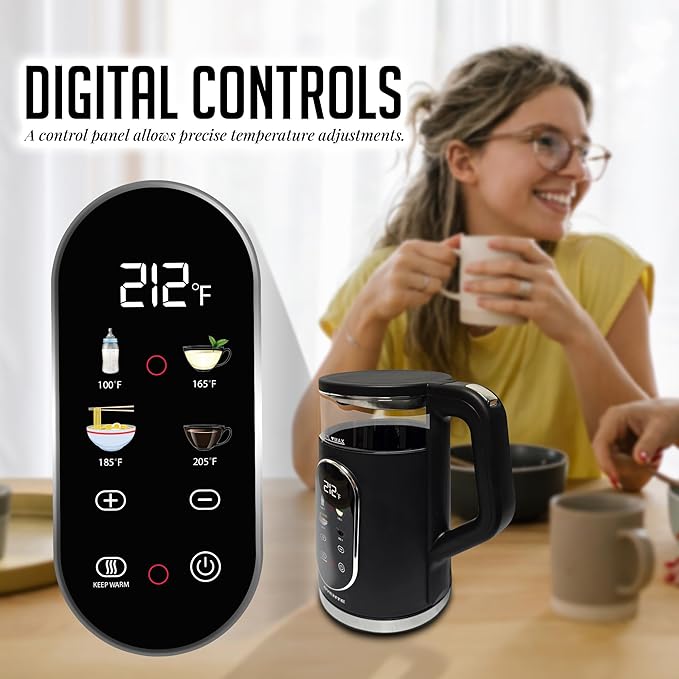 OVENTE Electric Kettle, 1.7L Fast Boiling Water Heater with Digital Touchscreen, Double-Wall Cool Touch Exterior, 5Hr Keep Warm, Auto-Shut Off, Boil-Dry Protection and Borosilicate Glass, Black KD96B