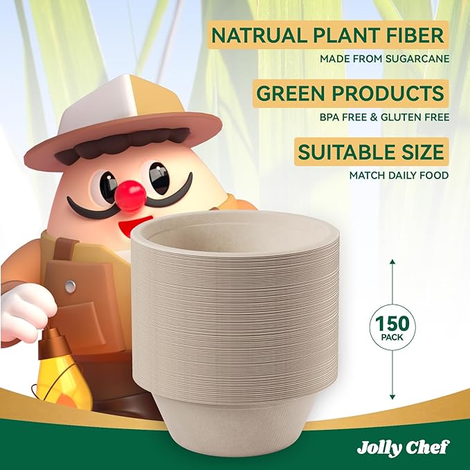 JOLLY CHEF Compostable Disposable Paper Bowl [16 oz] Heavy Duty Soup Containers [150 Pack] Biodegradable Bagasse Hot Cold Eco-Friendly Natural Sugarcane Microwavable Bowls for Thanksgiving Day