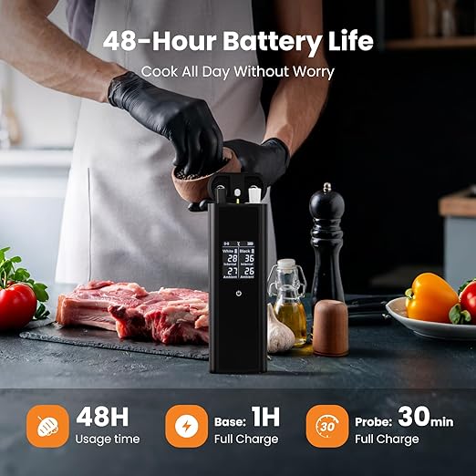Wireless Meat Thermometer with 2 Color-Coded Probes, ±1.8℉ Accuracy, IP67 Waterproof, App Control & Real-Time Monitoring, Two-Way Alerts for Kitchen, BBQ, Grill, Oven, Smoker