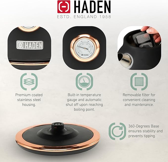Haden Dorset 1.7 Liter Stainless Steel Electric Kettle, Hot Water Kettle with 360-Degree Base and Auto Shutoff, Black & Copper