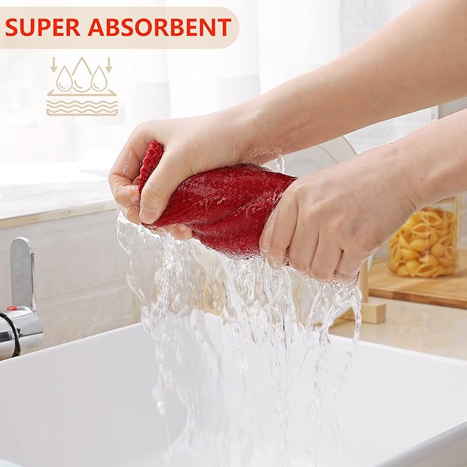 Homaxy 100% Cotton Waffle Weave Kitchen Dish Towels, Ultra Soft Absorbent Quick Drying Cleaning Towel, 13 x 28 Inches, 4-Pack, Red
