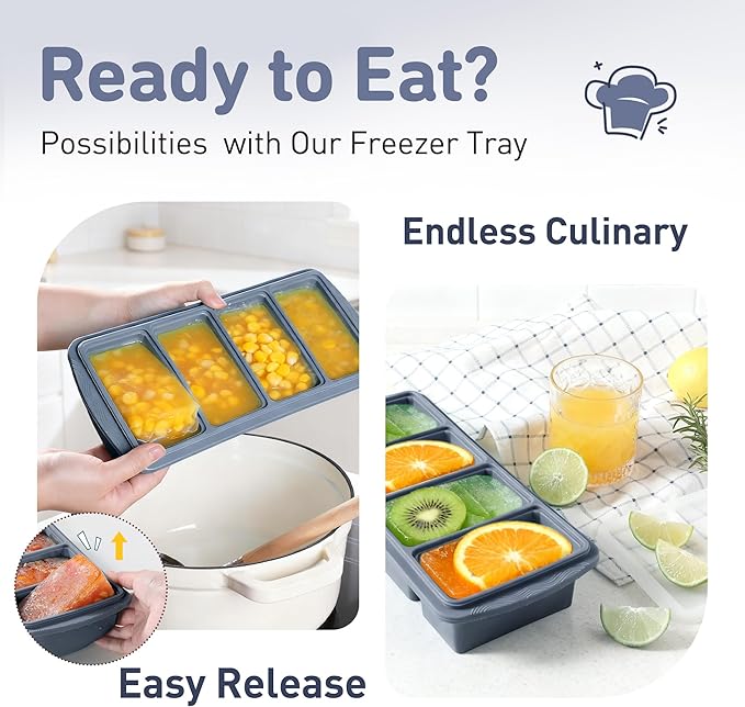 Silicone Freezer Tray with Lid Soup Freezer Container Molds with Steel Reinforced Rim Large Ice Cube Tray Makes 8 Perfect 1 Cup Portions Cubes Storage Food Meal Prep Containers Kitchen Mold