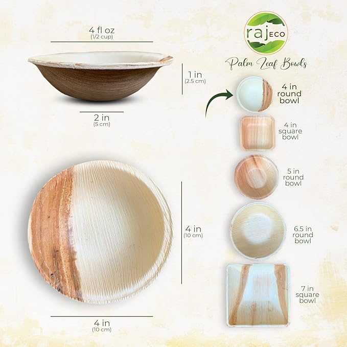 Raj Disposable Palm Leaf Bowls (25 Count, 4" Bowls) Strong Bowl Like Bamboo Party Bowl - Decorative Compostable Tableware for Lunch, Dinner, Birthday, Camping, Outdoor, Picnic, Parties