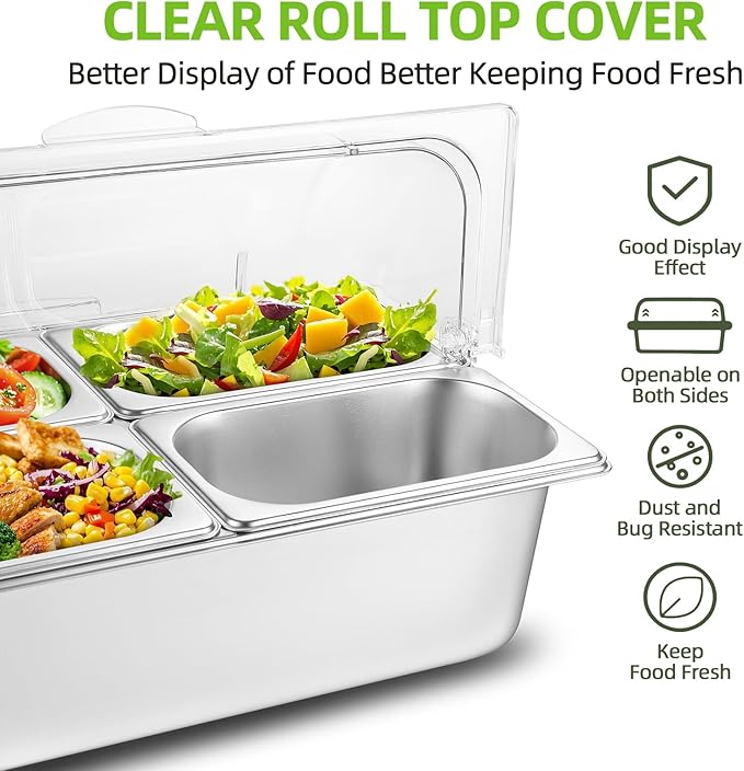 Stainless Steel Ice Food Serving Display Container 6 Pans 3 Ice Packs Cooled Condiment Dispenser Cold Serving Appetizer Buffet Organizer (4 Pans)