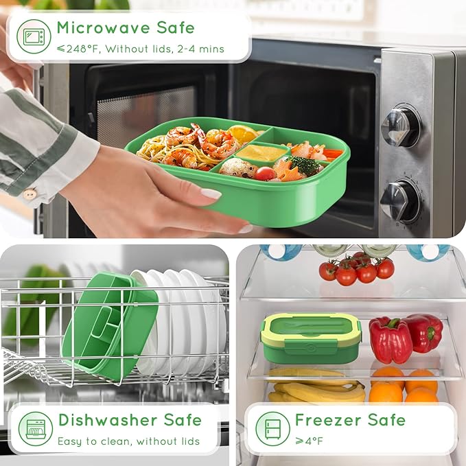 Bento Lunch Box Leakproof 44oz Kids Lunch Box Containers with 4 Compartment, Bento-Style Lunch Bento Box with Cutlery, Reusable Kid Back to School Meal/Snack Packing BPA Free (Green)