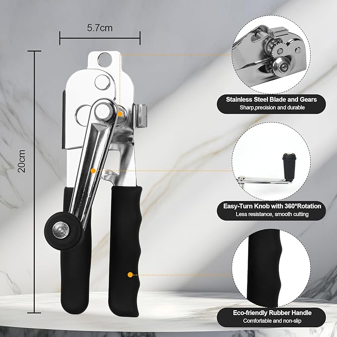 Commercial Can Opener with Magnet, Manual Heavy Duty Folding Hand Crank Can Opener Smooth Edge with Comfortable Long Handles, Fit All Size Cans, Large Cans for Seniors, Kitchen