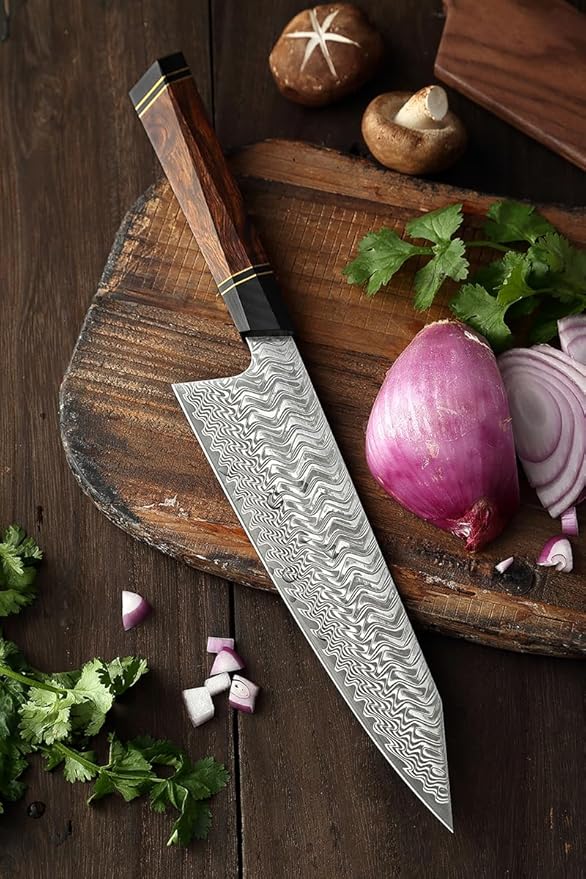 XINZUO 8.5 Inch Japanese Kiritskue Chef Knife, Professional Chef Knife,Damascus Kitchen Knife for Chefs and Home Cooking, Desert Ironwood Handle, Walnut Magnetic Wooden Sheath, Acacia Wood Box Package