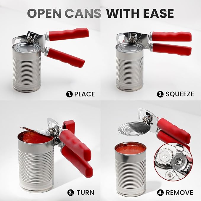 Zulay Kitchen Heavy Duty Stainless Steel Can Opener Manual with Bottle Opener - Rust Proof Manual Can Opener With Turn Knob & Comfy Soft Grip Handles - Cherry Red