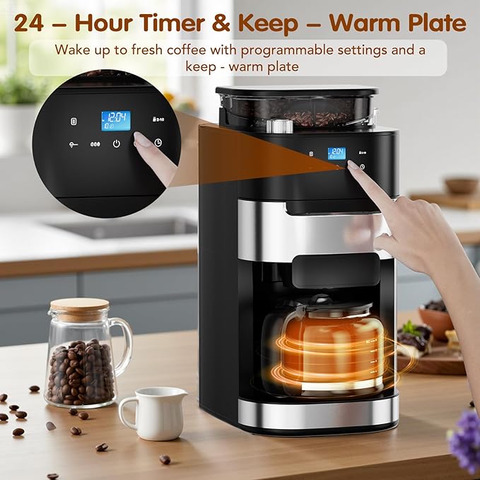 Joy Pebble 10-Cup Drip Coffee Maker with Built-In Grind, Grind & Brew, Touch-Screen Control, 1.5L Large Water Tank & Keep Warm Plate