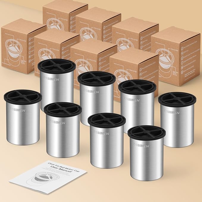 Clear Ice Cube Maker - 2.5" Ball - Stainless Steel Clear Ice Maker - Compact Design - for Whiskey, Cocktails, Bourbon - 8 PACK