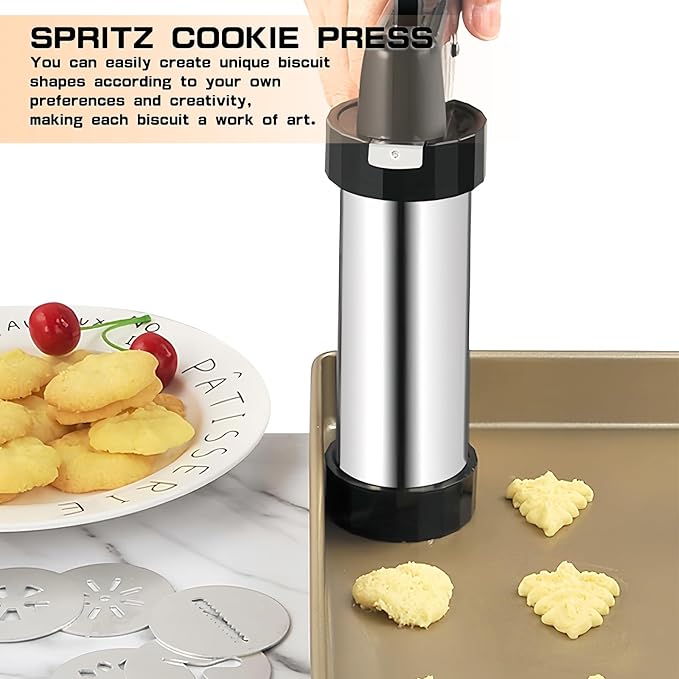 Cookie Press, Cookie Press Gun for Baking, Spritz Cookie Press, Stainless Steel Churros Maker Machine Kit, with 6 Brushes, 13 Cookie Discs, 8 Icing Nozzles, for Cookie Decorating