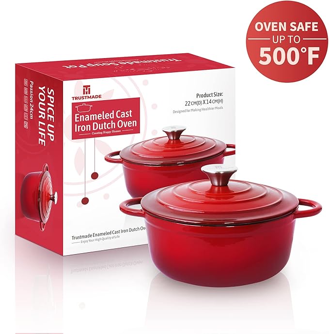 Trustmade 3 QT Cast Iron Dutch Oven, Enamel Coated Cookware Pot with Self Basting Lid for Home Baking, Braiser, Cooking, Red