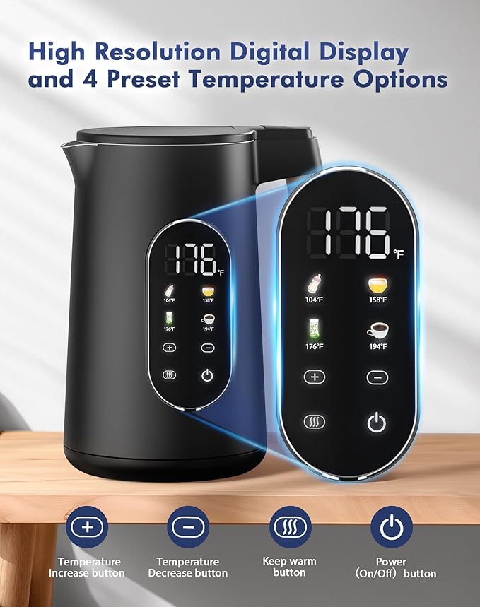 Electric Kettle 1500W Rapid Boil, 1.7L (1.8 Qt) 304 Stainless Steel, BPA-Free | 4 Temperature Presets for Baby Milk, Coffee, Tea | 2-Hour Keep Warm, Cool Touch Exterior