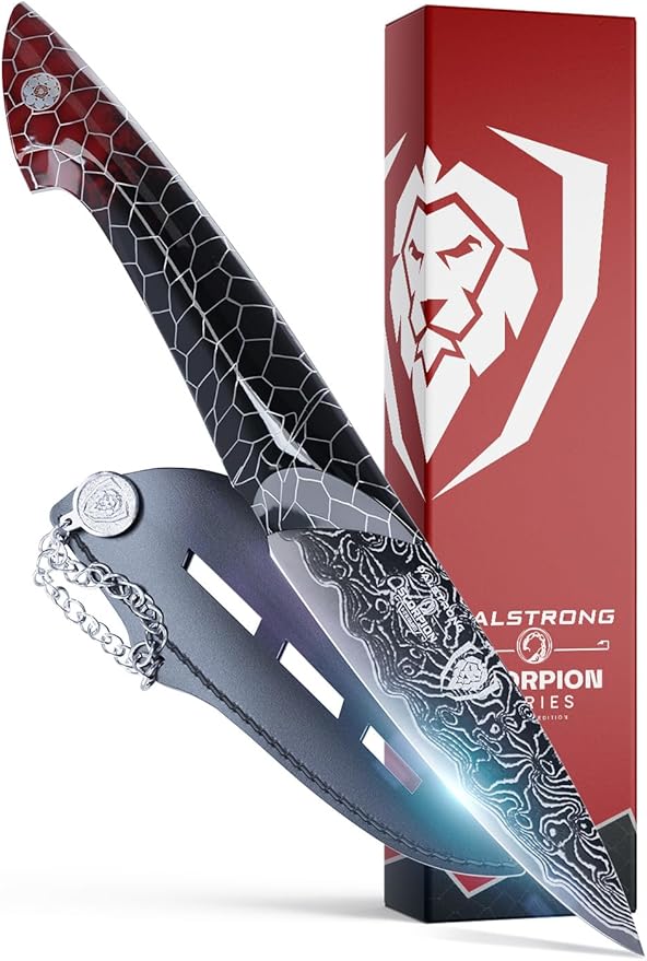 Dalstrong Paring Knife - 4”- Scorpion Series - Exclusive Japanese V12 Ultra™ Steel - Black Damascus - Black & Red Honeycomb Resin Handle -Paring Knife with Cover