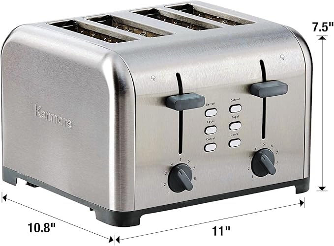 Kenmore Toaster 4 Slice - Extra Wide Slot Countertop Kitchen Appliance, Defrost Function, Grille-Pain, 9 Shade Settings, Compact Design, Easy Clean Crumb Tray, Bread Bagel, Stainless Steel
