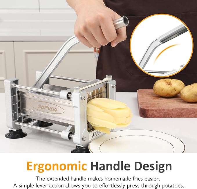 Sunvivi French Fry Cutter Stainless Steel Potato Slicer : with 2 Replaceable blades (1/2 & 3/8 Inch), Professional Fries Cutter for Potatoes, Carrots, Cucumber, Onion, Yam