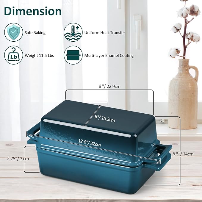Leonyo 2-in-1 Cast Iron Bread Pan with Lid, Enameled Cast Iron Loaf Pan, 9 x 6 inch Sourdough Baking Pan, Homemade Bread Dutch Oven for Pound Cake, Lasagna, Up to 500℉ & Blackish Green
