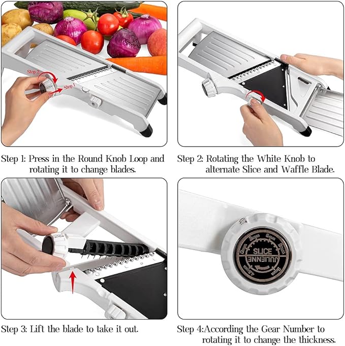 VEKAYA Mandoline Slicer for Kitchen, Stainless Steel Professional Vegetable Slicer with Adjustable Thickness, Safety Gloves & Food Holder, Easy to Clean, Ideal for Potatoes, Onions, Cucumbers