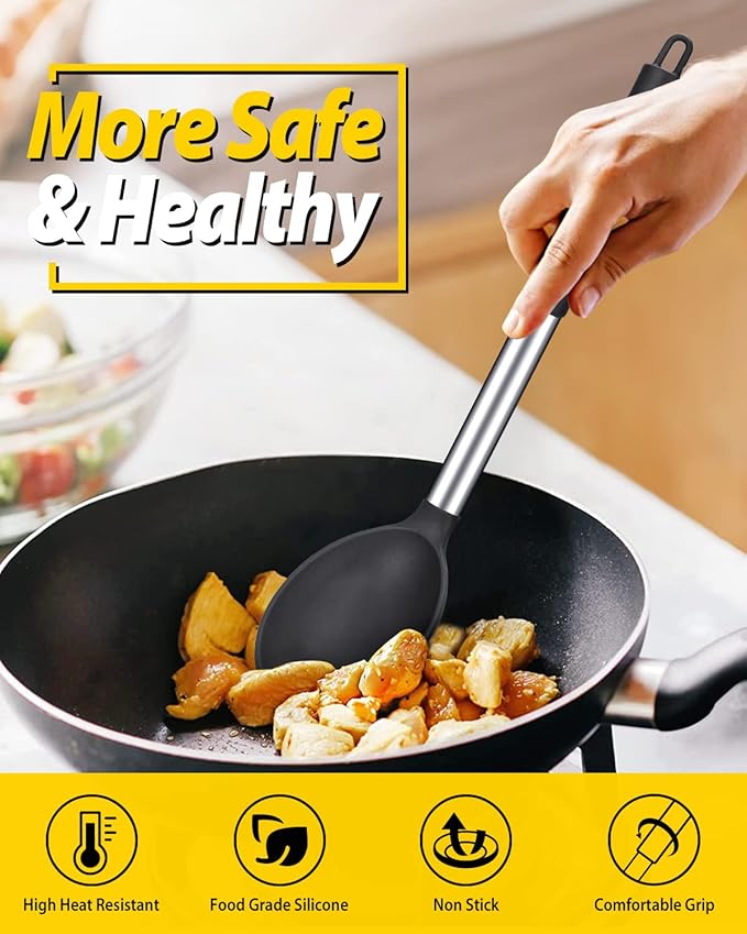 Pack of 2 Large Silicone Cooking Spoon Non Stick Solid Basting Spoons Heat-Resistant Kitchen Utensils for Mixing Serving (Black-Red)