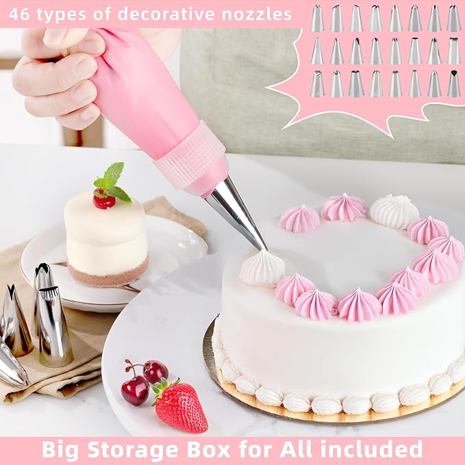 Cake Decorating Kit: Decorating Supplies Tools Kit 138 PCS Baking Accessories Include Spiping Bags and Tips Set, Piping Tips Set, Spatulas, Cake Scraper, 50 Piping Bags for Beginners, Pink