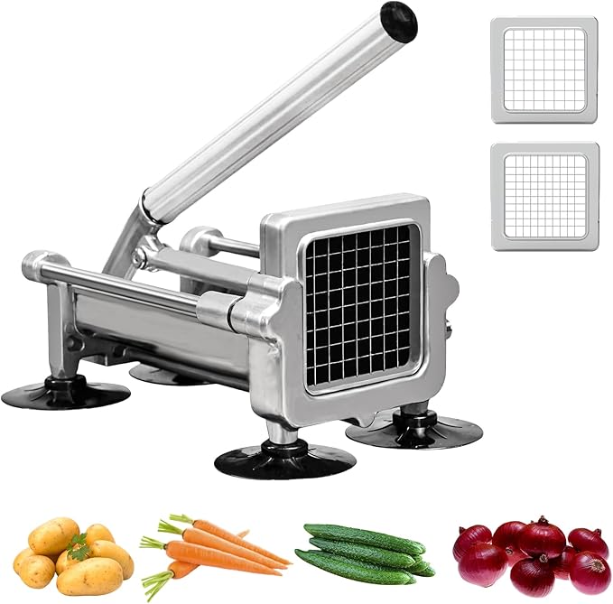 Commercial French Fry Cutter Stainless Steel.Potato Cutter for French Fries with 1/4 and 3/8Inch Blade, Commercial French Fry Cutter Manual Potatoes Cutting Machine with Suction Feet.