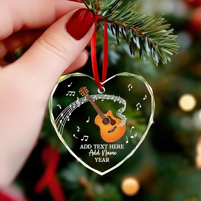Customized Guitar Christmas Glass Ornaments, Personalized Guitar Player Xmas Ornament with Text Name & Year, 2025 Christmas Ornament Gift for Guitarist Teacher, Instrument Xmas Tree Decor