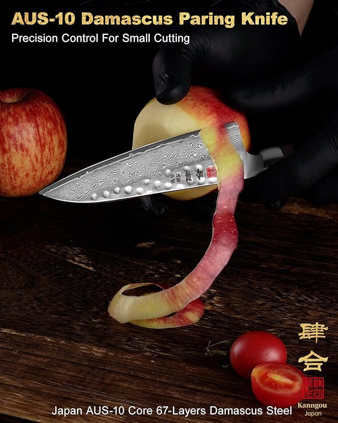 Japanese Paring Knife 5 Inch Petty Knives with 67 Layers Damascus Steel AUS-10 Core, Small Damascus Chef Knife with Full-Tang Ebony Wood Handle and Premium Gift Box (Hammered Damascus Series)
