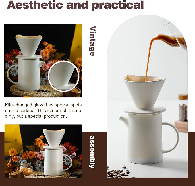 Pour Over Coffee Maker Set Vintage Ceramic Pour Over Coffee Dripper Set with 20 Count Paper Coffee Filters,for Home Café Restaurant Camping,15.8 Ounces(White)