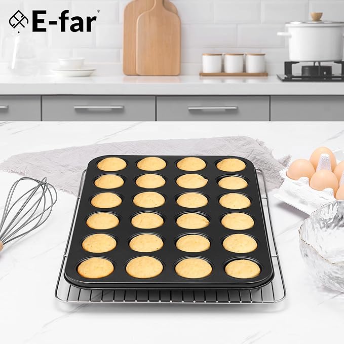 E-far 2 Pack Mini Muffin Pan - Nonstick 24-Cup Carbon Steel Cupcake Tin Tray for Little Bites & Freezer Prep | Warp-Free Bakeware Ensures Even Baking & Effortless Release, Regular Size & Oven Safe