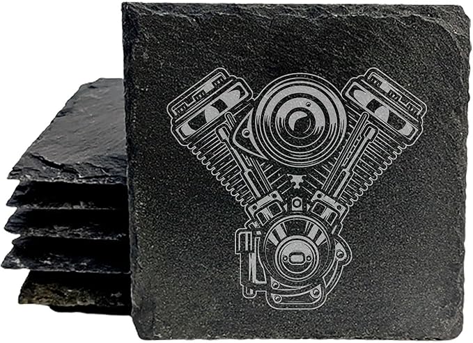 Rev Up Your Ride: V-Twin Engine Coasters for Bikers - Square Slate - Set of 8