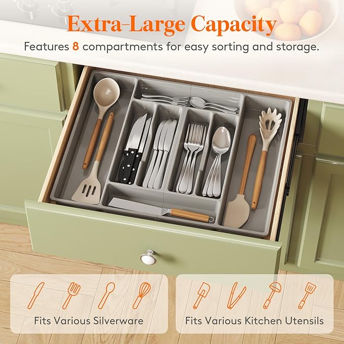 Lifewit Silverware Organizer, Plastic Kitchen Utensil Drawer Tray, Cutlery Flatware Storage Holder for Spoons Forks Knives, 20 x 16 Inches, 8 Compartment, Gray