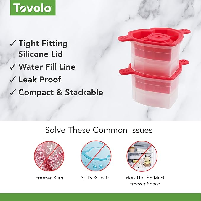 Tovolo Ice Cubes Mold Pack of 2 Large Craft Ice Molds for Whiskey Bourbon Cocktails, Easy Fill No Leak Silicone Ice Molds Gift for Him Stackable Dishwasher Safe BPA Free Heart Ice