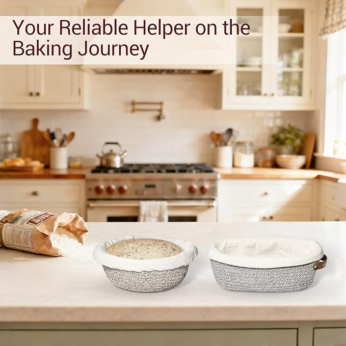 Sourdough Bread Baking Supplies - 9" Round & 10" Oval Banneton Bread Proofing Baskets with Washable Liners and Covers for Artisan Homemade Bread