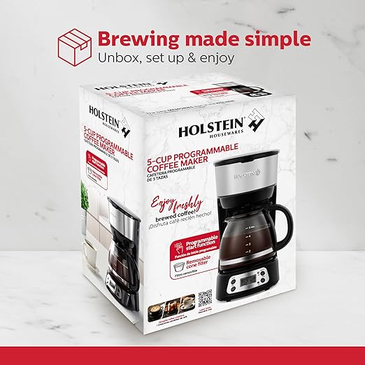 Holstein Housewares 5-Cup Programmable Coffee Maker, 25oz Drip Coffee Machine with Auto Brew Timer, Pause & Serve, Compact Design – Perfect for Home, Office & Dorm Use, Black