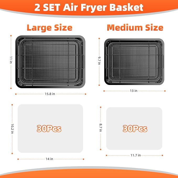 Air Fryer Basket, 2 Set Oven Air Fryer Basket and Tray with 60 PCS Parchment Papers, DEGOVIN Crisper Tray Non-stick Stainless Steel Air Fry Pans for Convection Oven(15.8" × 11" & 13" × 9.7"-Black)