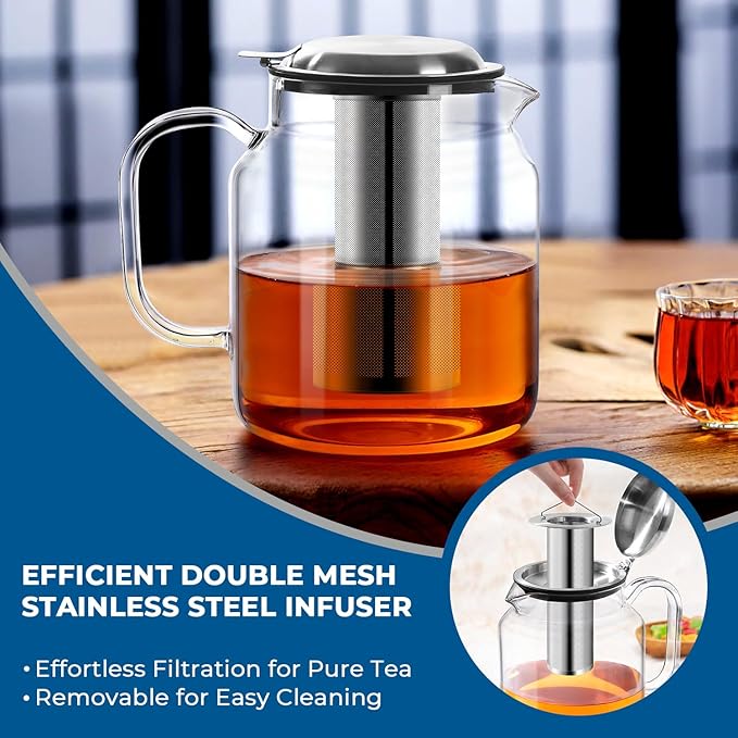 Aquach 68oz Glass Teapot with Stainless Steel Removable Infuser, Stovetop & Dishwasher Safe, Perfect for Brewing Loose Leaf Tea